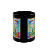Black Mug with stained glass window design - cactus and mountains
