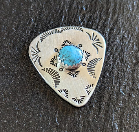 sterling silver guitar pick with Turquoise and stamped pattern