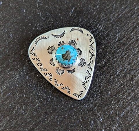 sterling silver guitar pick with Turquoise and stamped pattern