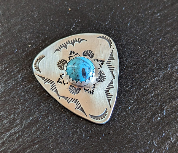 sterling silver guitar pick with Turquoise and stamped pattern Nici's