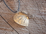 brass guitar pick necklace with snake head and small brass guitar charm