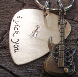bronze guitar pick with brass guitar charm keychain
