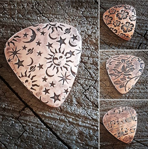 handmade copper artisan guitar pick - choose your pattern