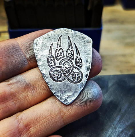 sterling silver shield guitar pick with bear claw