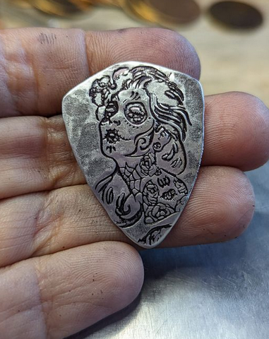 sterling silver shield guitar pick - day of the dead lady