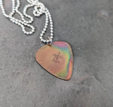 Copper guitar pick necklace with turtle and fire patina