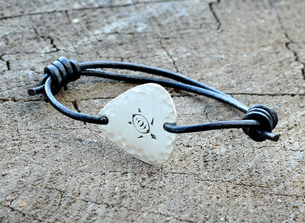 Sea Turtle Sterling Silver Guitar Pick Bracelet with Leather Wrap