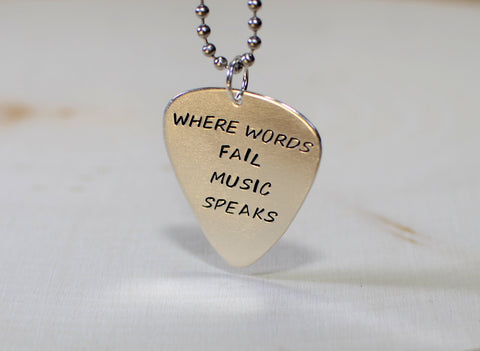 Where words fail music speaks sterling silver guitar pick pendant