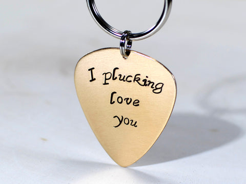 Bronze guitar pick keychain with I plucking love you