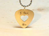 Bronze guitar pick necklace I pick you with heart cut