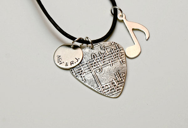 Sterling Silver Guitar Pick Necklace with Music Note and