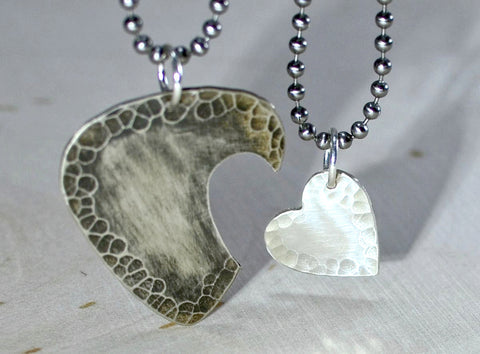 Sterling silver guitar pick and heart couples interlocking necklaces