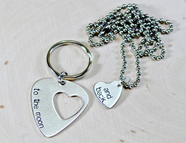 Guitar pick couples keychain and necklace with love to the moon and back in sterling silver