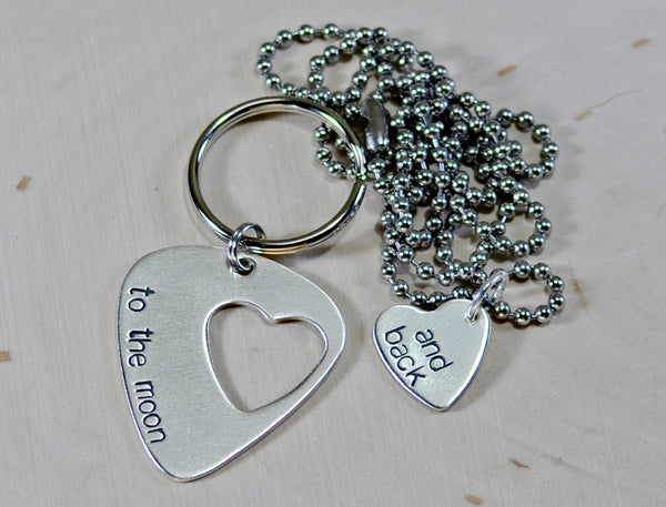 Guitar pick couples keychain and necklace with love to the moon and back in sterling silver
