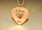 Copper I pick you guitar pick necklace handmade with heart window