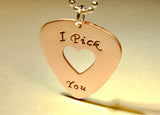 Copper I pick you guitar pick necklace handmade with heart window