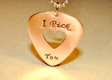 Copper I pick you guitar pick necklace handmade with heart window