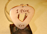 Copper I pick you guitar pick necklace handmade with heart window