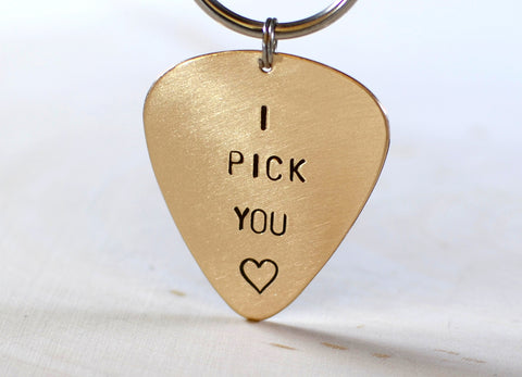 I pick you 14k gold guitar pick keychain