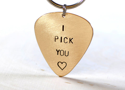 Bronze Guitar Pick Key Chain I Pick You with Love