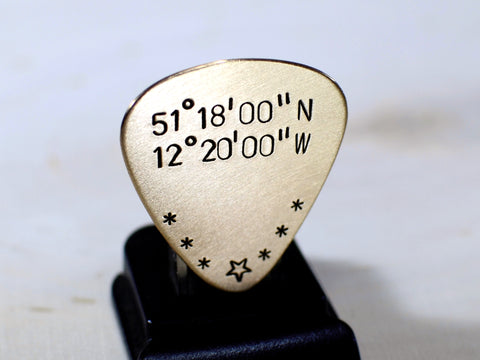 Bronze Guitar Pick with Personalized Latitude and Longitude