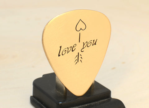 Bronze Love Guitar Pick with Arrow and Heart for Anniversaries and Valentines Day