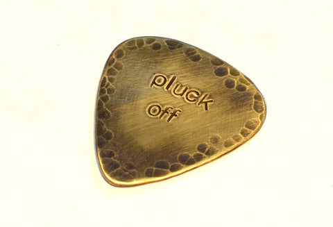 Pluck Off Rustic Brass Guitar Pick with Brushed Antiqued Patina and Hammered Texture
