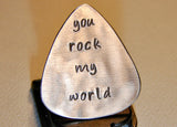 Guitar Pick Handmade Aluminum with You Rock my World in Lower Case