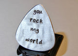 Guitar Pick Handmade Aluminum with You Rock my World in Lower Case