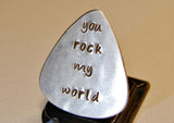 Guitar Pick Handmade Aluminum with You Rock my World in Lower Case
