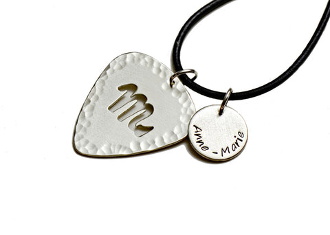 Personalized Zodiac Sterling Silver Guitar Pick with Disc Charm Necklace