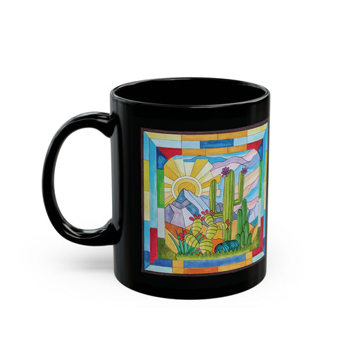 Black Mug with stained glass window design - cactus and mountains