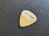 Bronze guitar pick with I ( heart ) dad and a hammered texture - playable