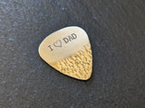 Bronze guitar pick with I ( heart ) dad and a hammered texture - playable