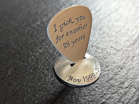 Sterling silver guitar pick with stand for 25th anniversary