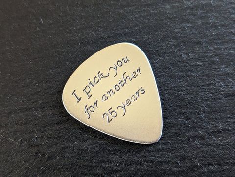 Sterling silver guitar pick for 25th anniversary - custom guitar pick