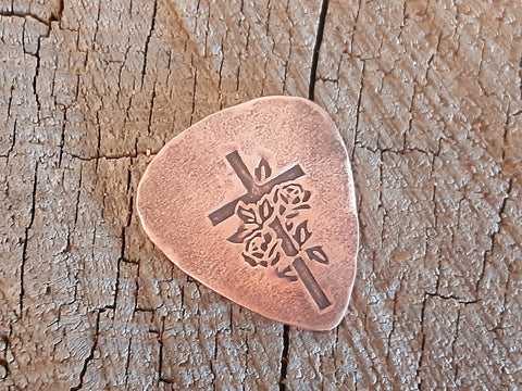 copper guitar pick - playable and collectible with cross and roses