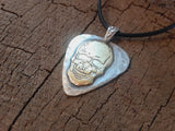 sterling silver guitar pick necklace with brass skull