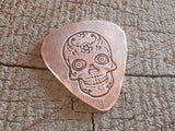 copper guitar pick - playable with sugar skull