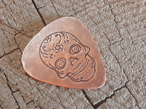 copper guitar pick - playable with sugar skull