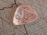 copper guitar pick with butterflies and moon - playable