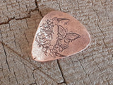 copper guitar pick with butterflies and moon - playable