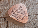 copper guitar pick with butterflies and moon - playable