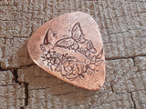 copper guitar pick with butterflies and moon - playable