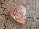 copper guitar pick with butterflies and moon - playable