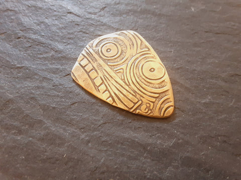 bronze shield shaped guitar pick with pattern - playable - hammered back