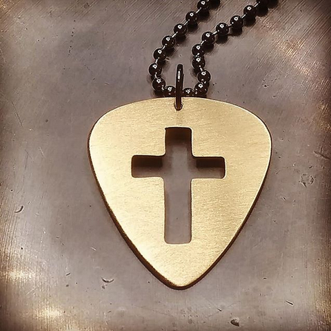 bronze pick necklace with cross cut out