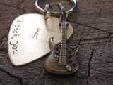 bronze guitar pick with brass guitar charm keychain
