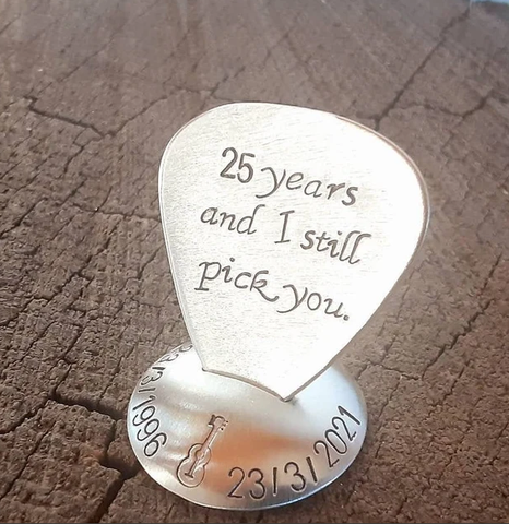 sterling silver guitar pick and stand for 25th anniversary or silver anniversary