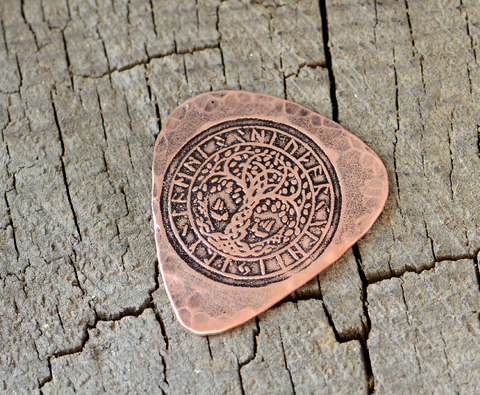 copper guitar pick - playable with norse tree of life